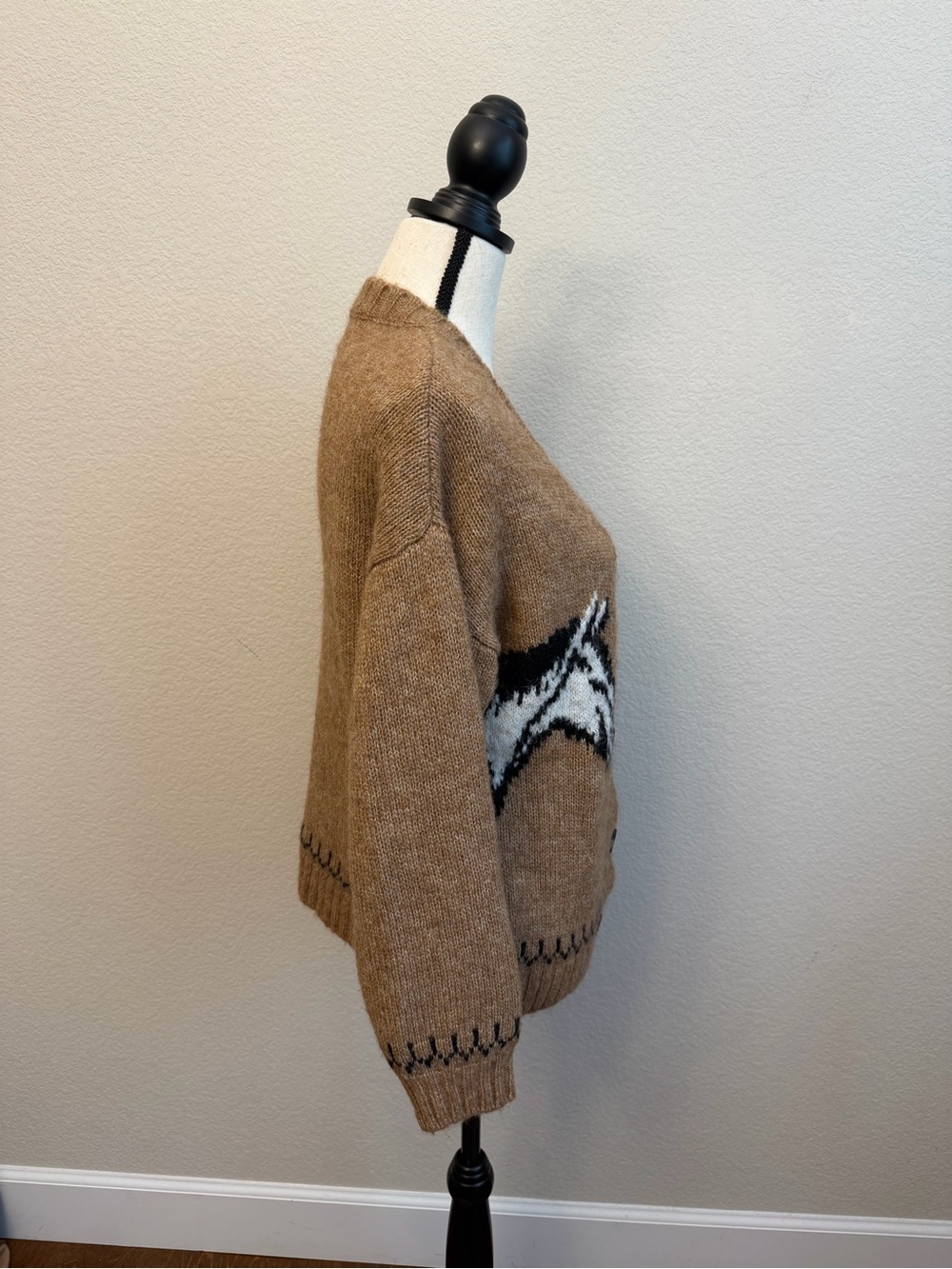 Old Navy Brown Horse Intarsia V-Neck Button Cardigan oversized Sz S Wool Blend - Picture 10 of 13